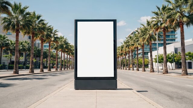 Blank vertical billboard on a sunny street with palm trees