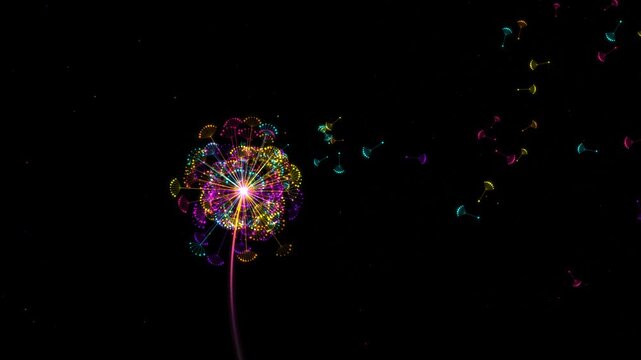Glowing neon dandelion animation with vibrant colorful seeds drifting away on a black background