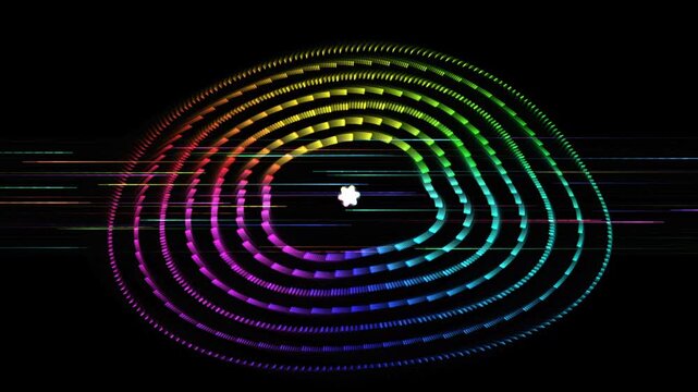 Glowing rainbow neon concentric rings with central star rotating on black background motion graphic