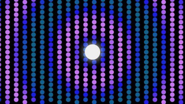 Glowing white orb floating in center of vertical rows of purple and blue digital LED dot matrix