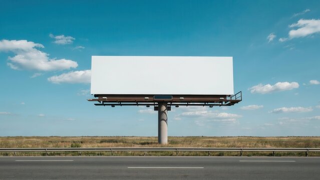 Blank billboard on a highway against a blue sky