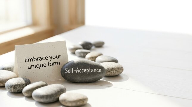 Stone with self acceptance message on table