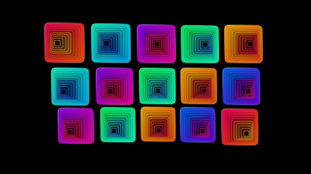 Retro neon geometric squares animation tunnel loop with colorful nested shapes on black background