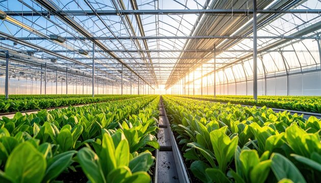 Fresh green leafy vegetables growing inside a high-tech industrial greenhouse facility at sunset