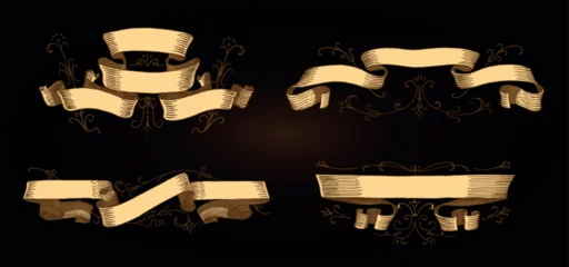 Set of scroll ribbon banners in Barocco style. Hand drawn engraving for your text in vintage traditional technique. For wedding, events, birthday and greetings. © artbalitskiy