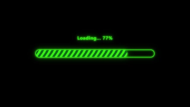 Neon green glowing loading progress bar animation with percentage counter on black background