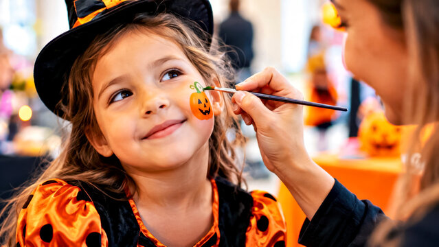 Smiling Girl Getting Pumpkin Face Paint While Wearing Witch Hat at Halloween Party and Children's Festival