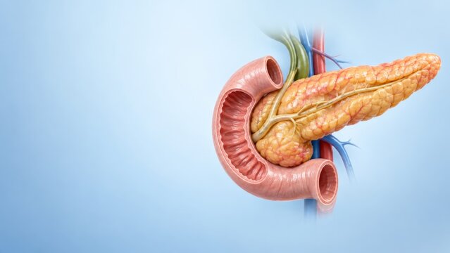 Human pancreas anatomy with duodenum, gallbladder and blood vessels on blue background. 3D medical illustration of digestive