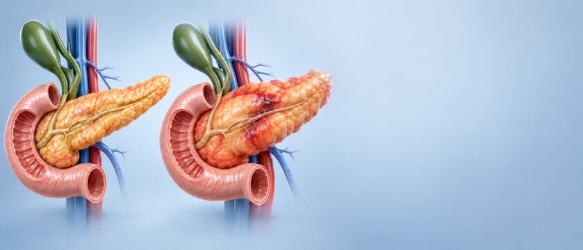 Healthy and inflamed pancreas anatomical comparison with duodenum, gallbladder and blood vessels. Pancreatitis, cancer and digestive system disease