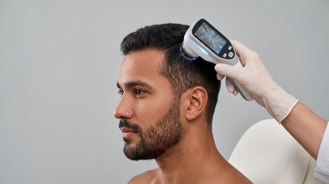 Homem jovem em consulta cl&iacute;nica fazendo exame do couro cabeludo. M&atilde;o de m&eacute;dico dermatologista com luva usando tricosc&oacute;pio digital para an&aacute;lise capilar em fundo cinza