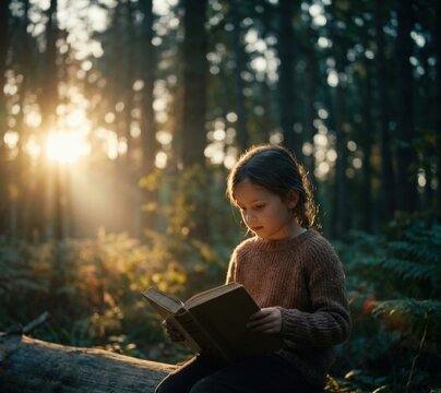 Young girl reading book and enjoy in the woods concept dream