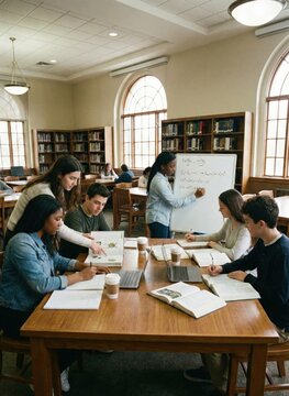 Students studying in library concept learning and presentation