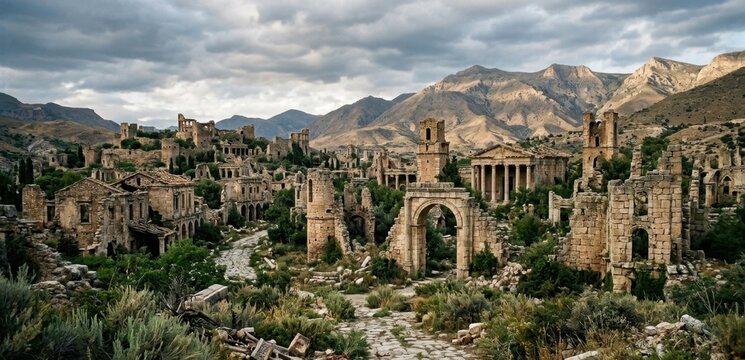 Landscape with ruins abandoned of old city concept historic classic archaeology