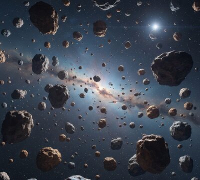 Field of asteroids in the space with galaxy background astronomy and universe concept