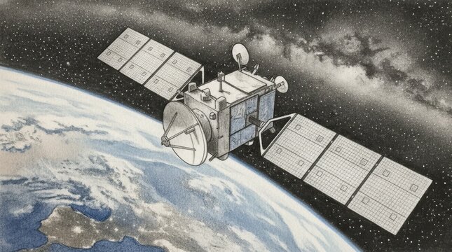 Satellite pencil drawing on space, digital art and painting