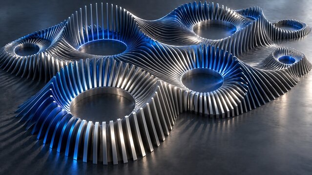 Abstract futuristic metallic sculpture with organic wavelike forms and glowing blue lights