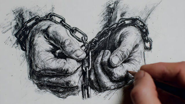 Hand-drawn sketch of chained hands in a powerful pencil art illustration depicting captivity and oppression