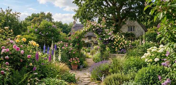 Entrance to a rural house with flowers concept nature