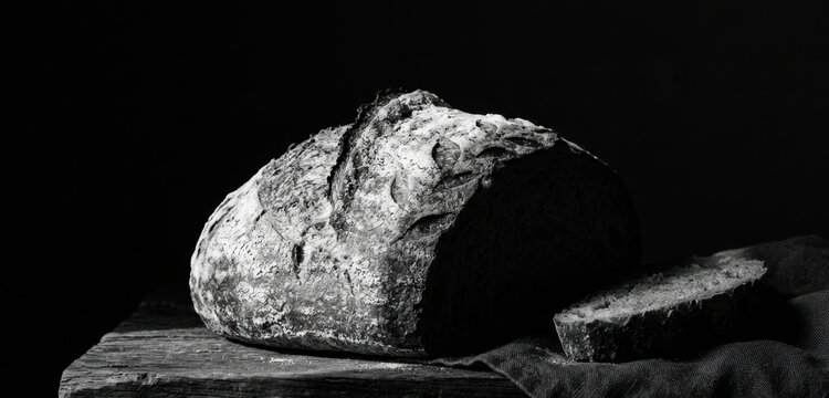 Rustic bread loaf on a wooden board, rural food, black and white photography