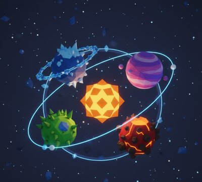 Creative colorful planetary system in polygonal low poly illustration style