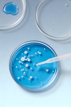 Laboratory petri dish with blue liquid and pipette for scientific research and testing