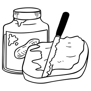 Black and white line art of a peanut butter jar and a slice of toast.