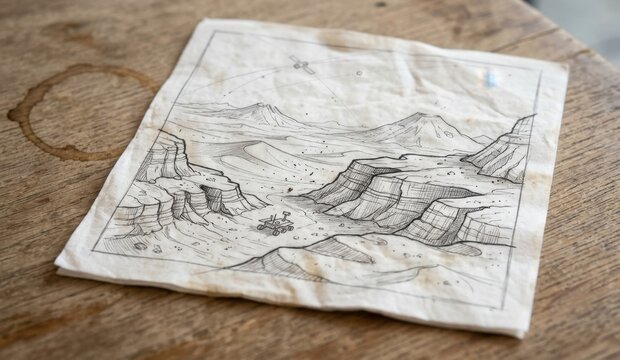 Martian landscape with explorer rover, uncolored sketch on a napkin