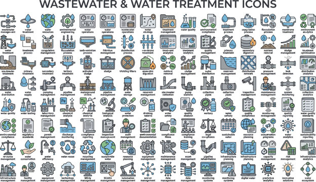Flat icon collection for wastewater treatment and water
