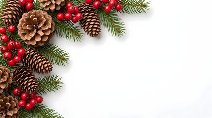 Fototapeta premium Festive christmas border made of pine cones and red berries on a white background with copy space