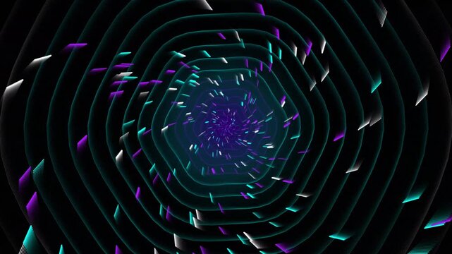 Futuristic neon hexagon tunnel, abstract digital motion background with glowing purple and teal light streaks, high-tech geometric portal loop