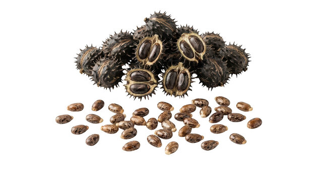 Castor oil plant seeds and spiky seed pods isolated on transparent background