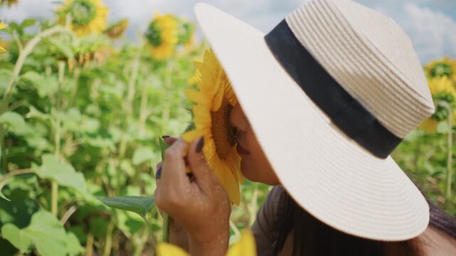 Close up of woman holding and smelling sunflowers in full bloom surrounded by vibrant yellow petals. Her hand with painted nails gently grasps flower stem while woman tilts her head