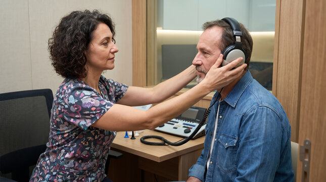 Audiology technician placing headphones on senior patient during hearing test in clinic. Concept of positions, audiologist, hearing exam, hearing loss, audiometry.