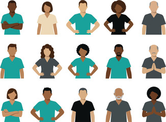 Fototapeta premium Diverse group of medical professionals and healthcare workers wearing scrubs in a flat vector illustration style set