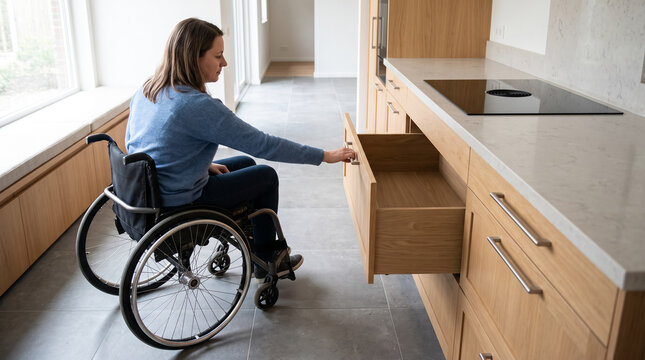 Disabled woman in wheelchair opening wide kitchen cabinet drawer in accessible modern home. Concept of user, accessibility, disability, handicap, inclusive design.