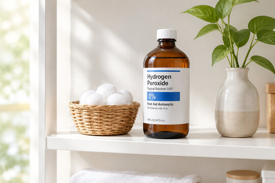 Amber glass hydrogen peroxide bottle with wicker basket and cotton balls on white shelf, home care and pharmacy concept