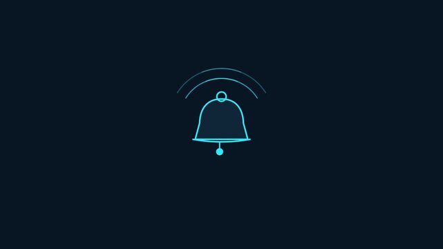 Minimalist glowing digital notification bell icon with sound waves symbolizing alert and reminder on dark background