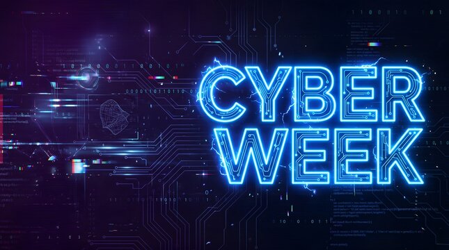 Neon blue cyber week text design with digital circuit board patterns on a dark background for retail shopping promotions