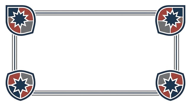 Decorative rectangular frame with ornate shield corners featuring blue star patterns on a clean white background for design
