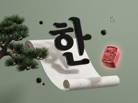 Korea Hangeul Day 3D Render with Hangul Character, Hanji Scroll and Dojang