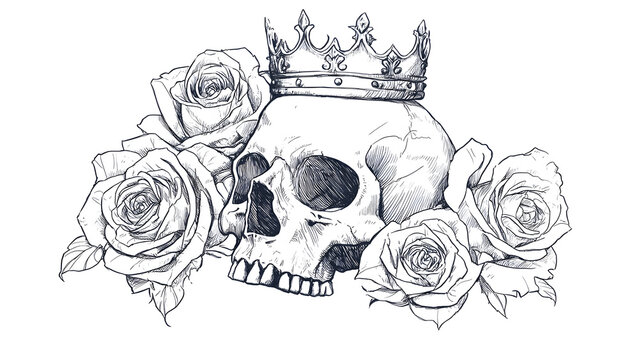 Detailed pencil sketch drawing of a human skull wearing a royal crown surrounded by blooming roses