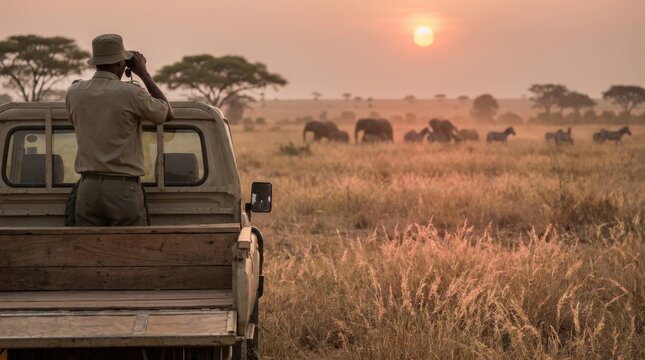 Golden safari scene with elephants on a sunset savanna