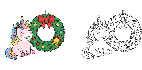 Fototapeta premium Cute Christmas Unicorn and Holiday Wreath Illustration Set with Coloring Page, Festive Kawaii Character for Kids Activity and Xmas Decoration, Vector Art