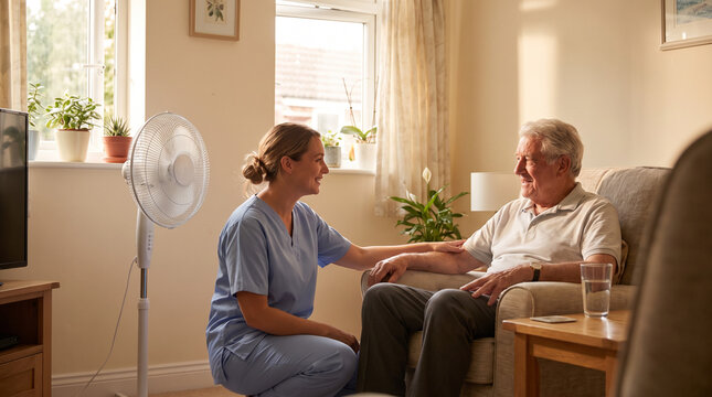 Community nurse checking on an older man at home during a heat wave