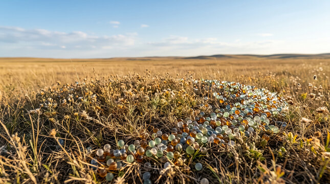 Colorful Glass Beads Scattered Along Curve In Dry Steppe Grassland Under Sunny Blue Sky. Concept of foliage, edge, dry grass, marbles, colorful spheres. Copy space.