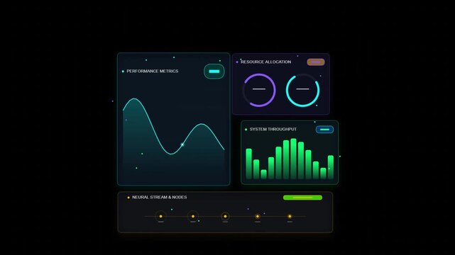 Digital technology dashboard interface displaying performance metrics system throughput and neural network data analysis
