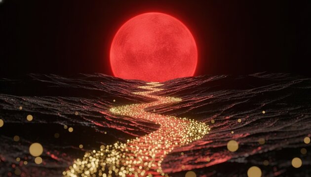 Digital illustration of a surreal landscape featuring a large red moon above a winding path of glowing particles across dark terrain