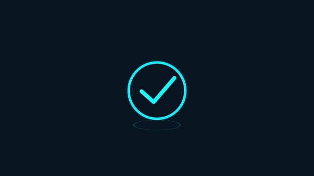 Digital glowing checkmark icon symbolizing successful completion, task approval, and verified status on a dark background for web interfaces and system notifications