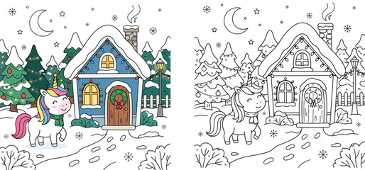 Fototapeta premium Unicorn in Winter Wonderland Coloring Page and Colored Illustration, Cute House with Christmas Decorations and Snow Scene for Kids Holiday Activities and Magical Fantasy Designs