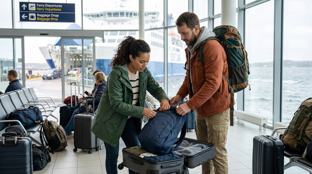 Traveling couple repacking luggage and backpacks inside ferry terminal waiting hall. Concept of rolling, packs, compact, packing luggage, suitcase.